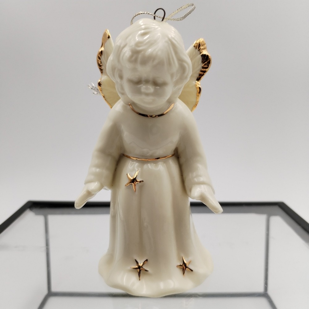Vintage White Porcelain Angel Bell Ornament Gold Stars‎ Trim Christmas 4"